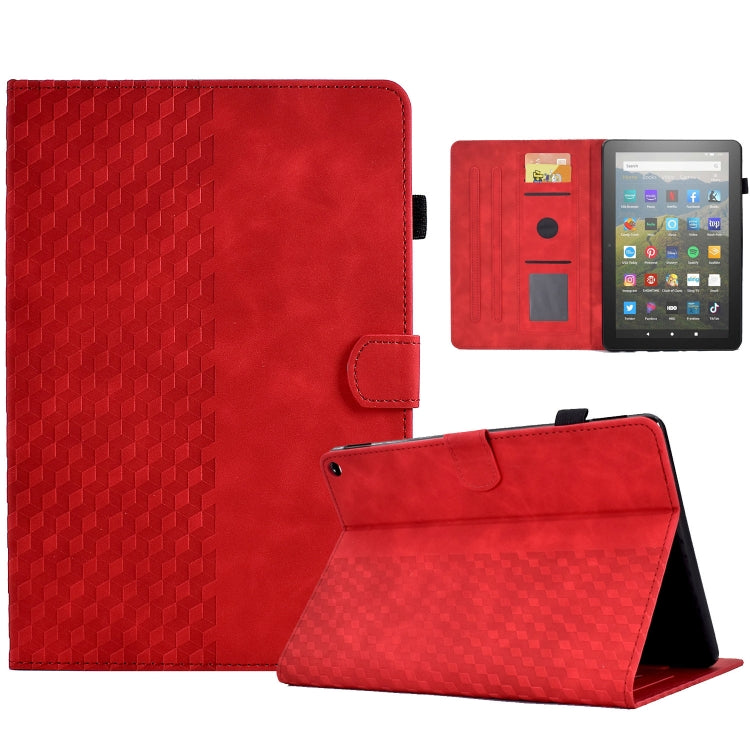 Red rhombus-embossed leather tablet case with side clasp and viewing stand