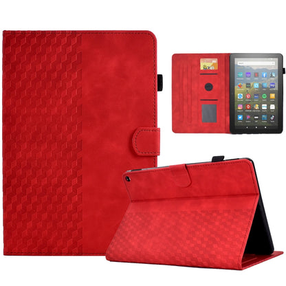 Red rhombus-embossed leather tablet case with side clasp and viewing stand