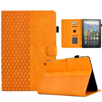 Orange rhombus-embossed leather tablet folio with stand, interior pockets, and cover flap