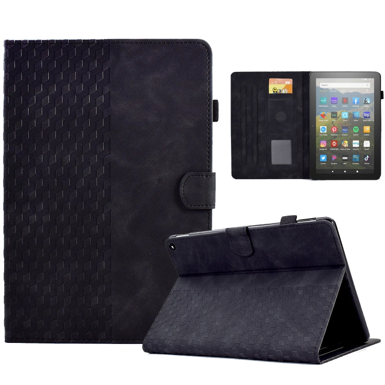 Black embossed folio tablet case with rhombus pattern, open cover and kickstand angle.