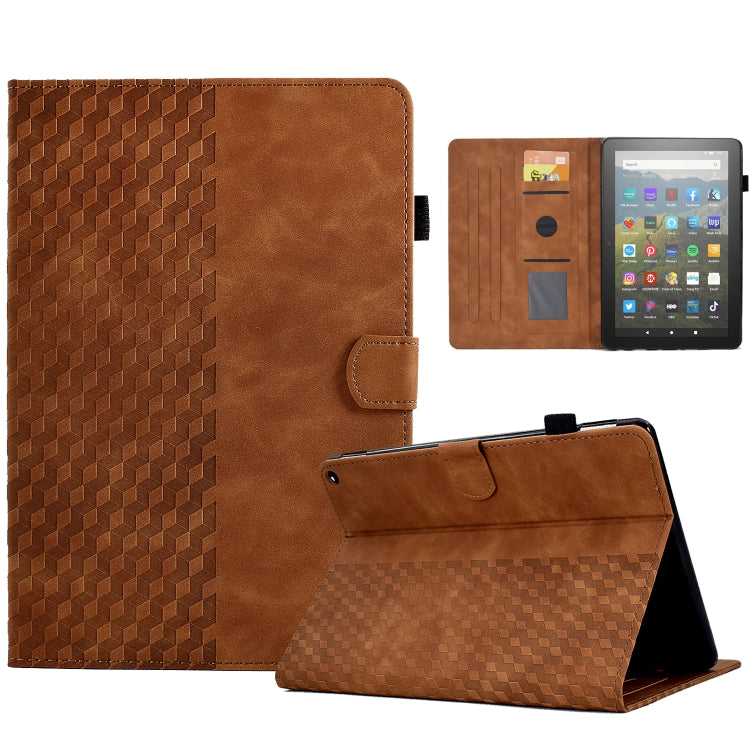 Brown leather tablet case with interior slots and flip cover, tablet upright on stand