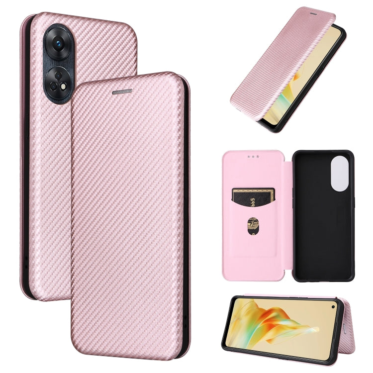 Pink carbon-fiber textured flip phone case with camera cutout and magnetic cover