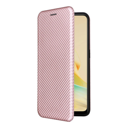 Pink carbon-fiber textured flip phone case, side view with closed flap