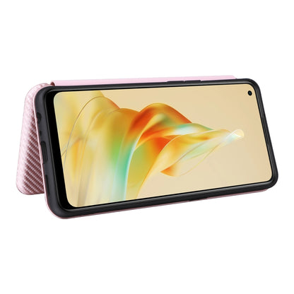 Pink carbon-fiber textured flip phone case with screen protected and flap folded back
