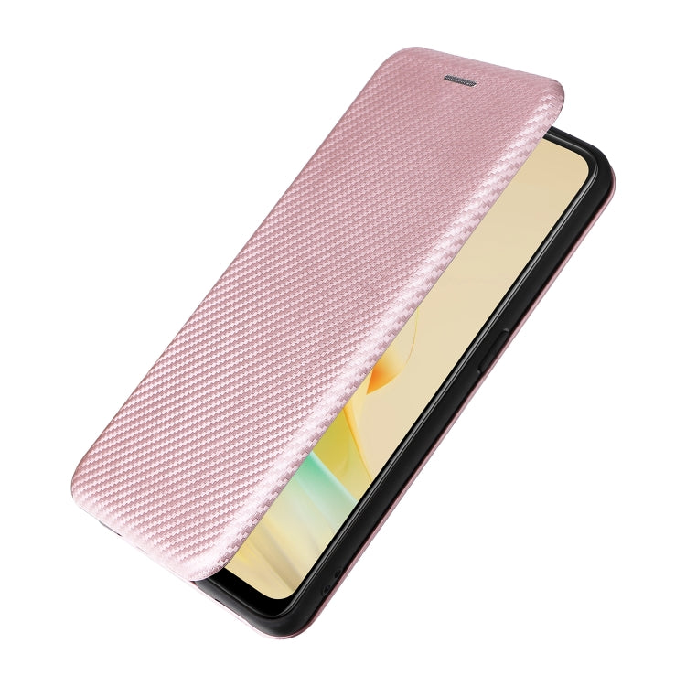 Pink carbon-fiber textured flip phone case, angled view with closed front flap