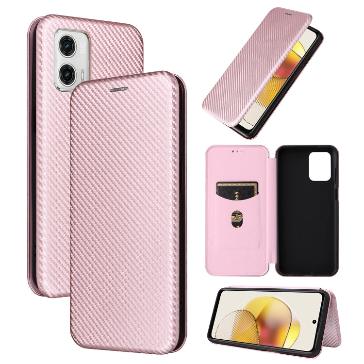 Pink carbon-fiber textured flip phone case with dual camera cutouts and folded flap