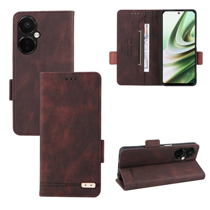 Brown magnetic clasp leather folio phone case with side cutouts and stitched design.