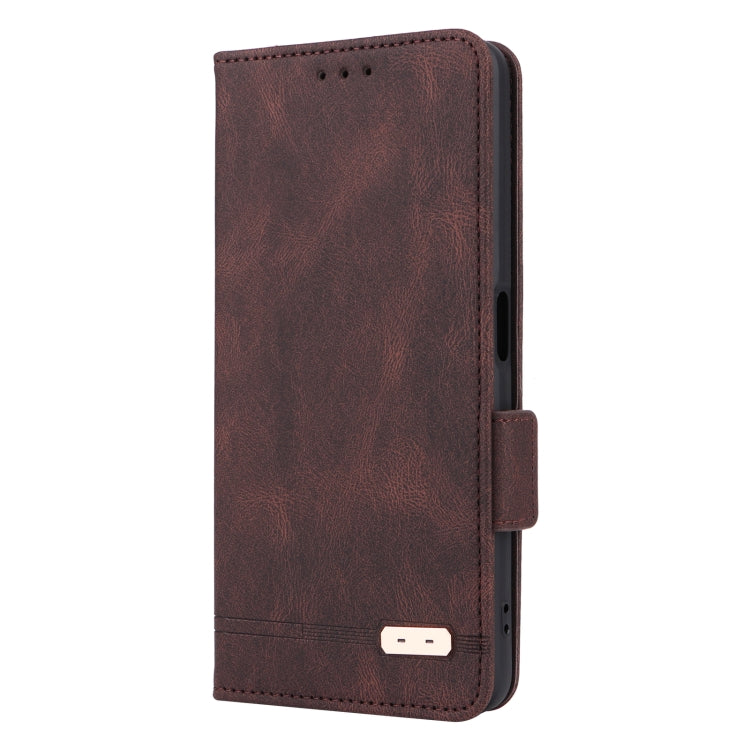 Brown leather folio phone case with magnetic clasp, side slot, and stitched edges.