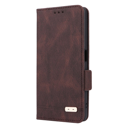 Brown leather folio phone case with magnetic clasp, side slot, and stitched edges.