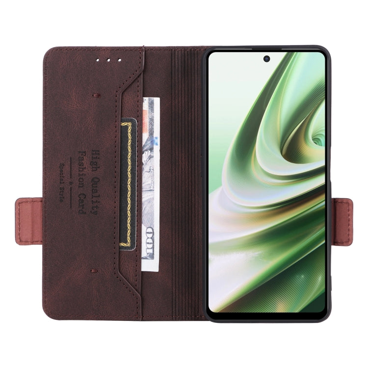 Brown leather folio phone case open view with card slot and magnetic clasp tab.