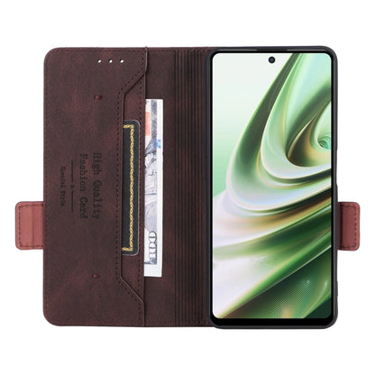 Brown leather folio phone case open view with card slot and magnetic clasp tab.