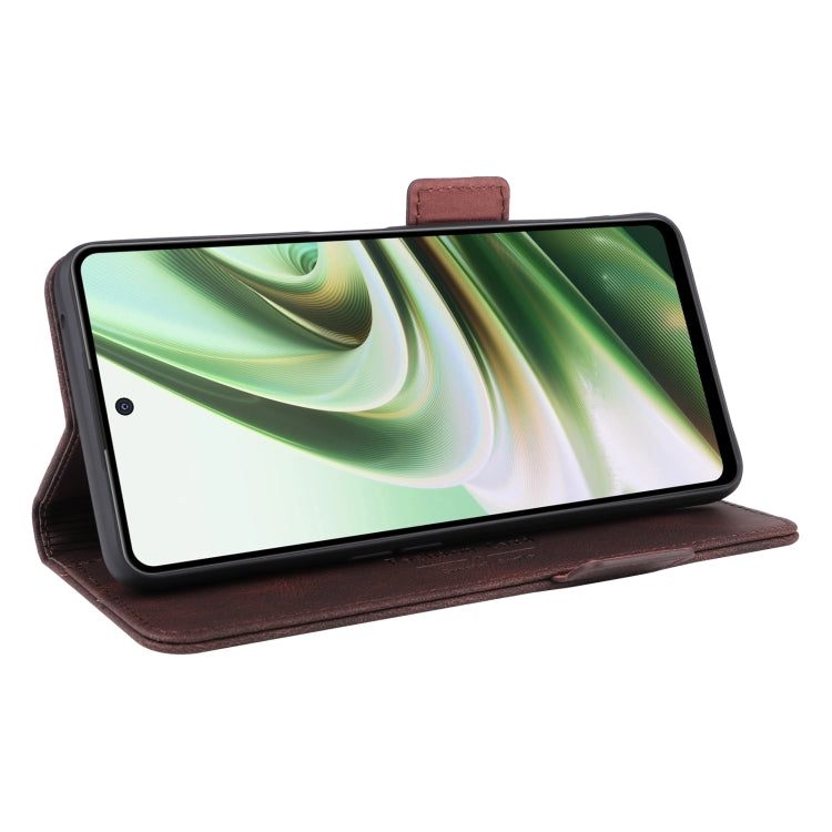 Dark brown magnetic clasp leather folio phone case with standing flap for viewing.