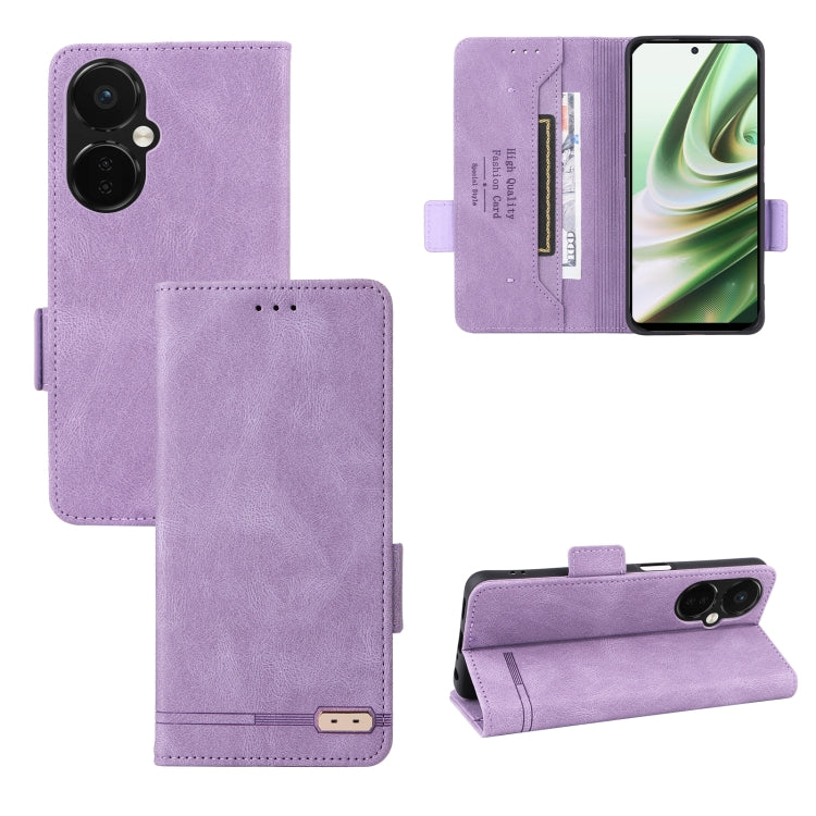 Purple magnetic clasp leather folio phone case with card slot and stitched edges.