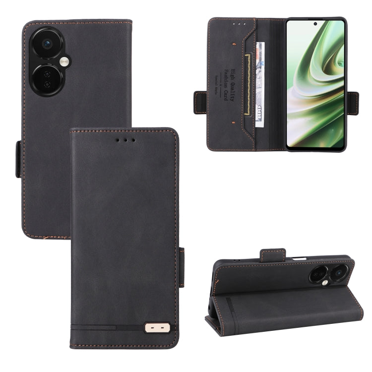 Black magnetic clasp leather folio phone case with card slot and side cutouts.