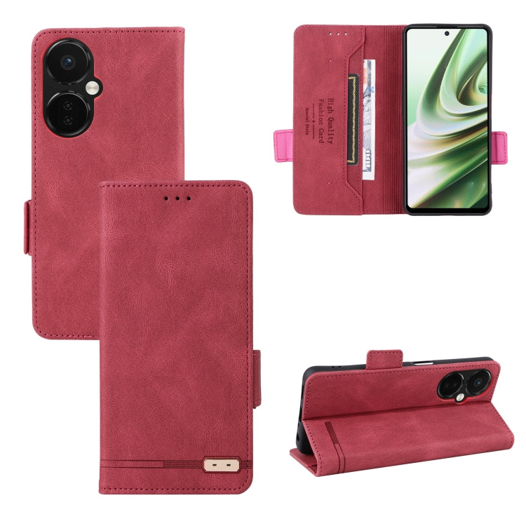 Red magnetic clasp leather folio phone case with card slot and stitched edges.