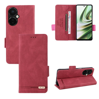 Red magnetic clasp leather folio phone case with card slot and stitched edges.
