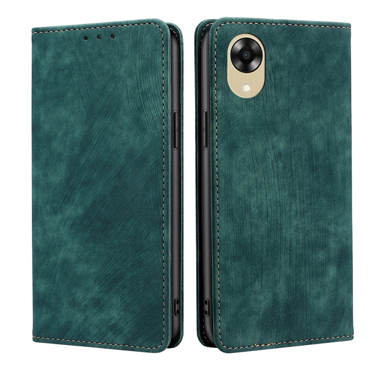Green leather-style magnetic flip phone case with stitched trim and camera cutout