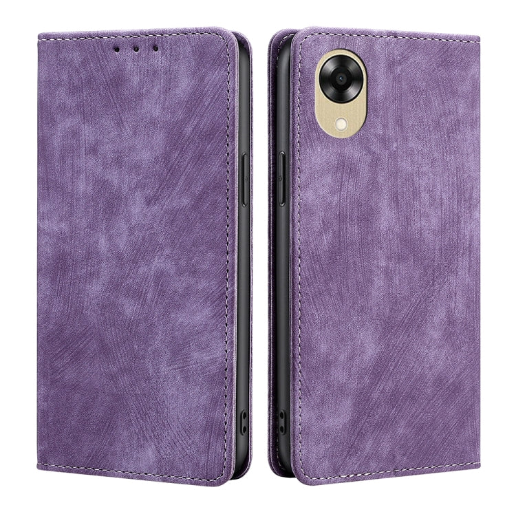 Purple magnetic leather phone case with folio flap and single camera cutout
