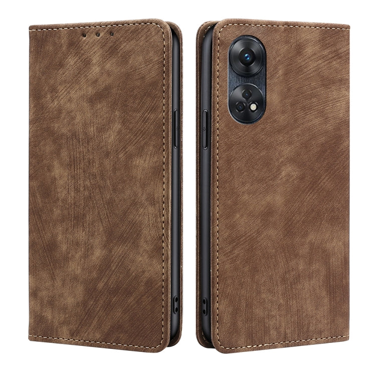 Brown magnetic leather phone case with folio flap and dual camera cutout