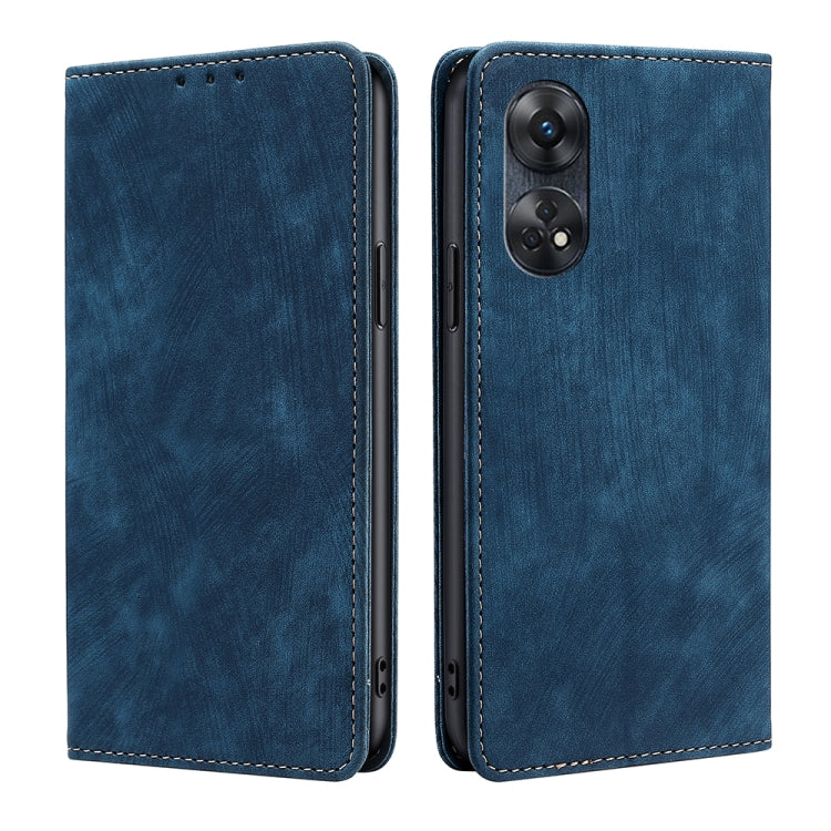 RFID anti-theft leather phone case, blue, dual rear camera cutout, stitched flip