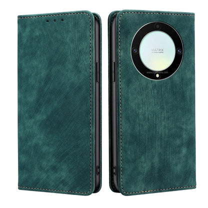 Green leather-style flip phone case with round camera module cutout and stitching