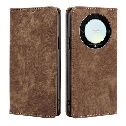 Brown magnetic leather phone case with folio flap and circular camera cutout