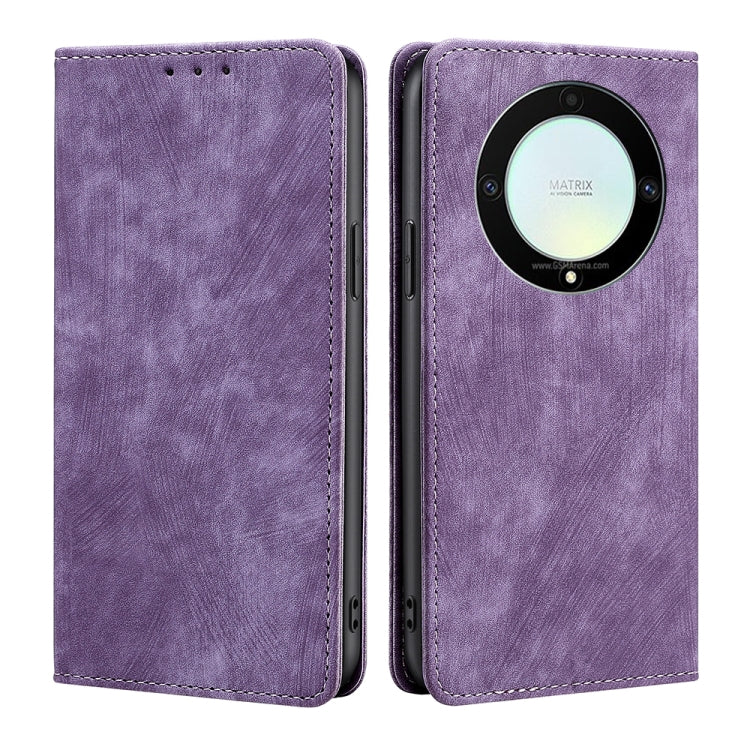 Purple magnetic leather phone case with folio flap and circular camera cutout