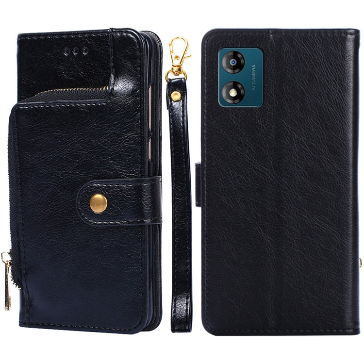 Black leather zipper phone case with flip cover and card slot, slim wallet style.