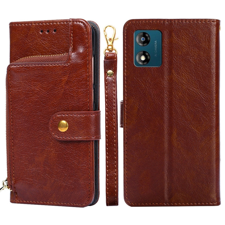 Brown leather zipper phone case with flip cover and card slot, slim wallet design.