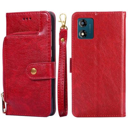 Red leather zipper phone case with folio flap, magnetic strap, and phone camera opening.