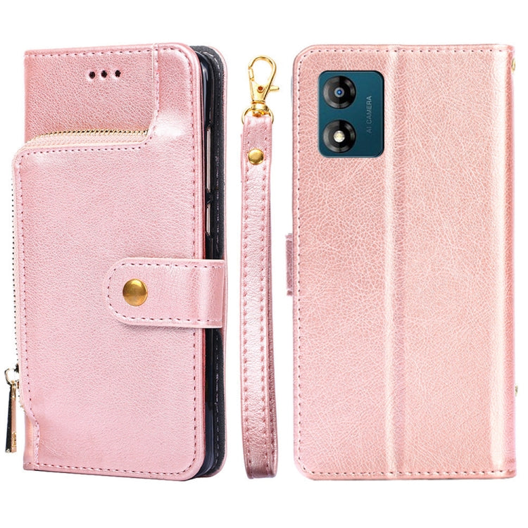 Rose gold leather zipper phone case with folio flap, magnetic strap, and phone camera opening.
