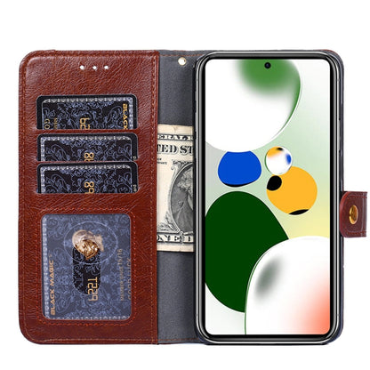 Brown leather flip phone case with card slots and camera cutout
