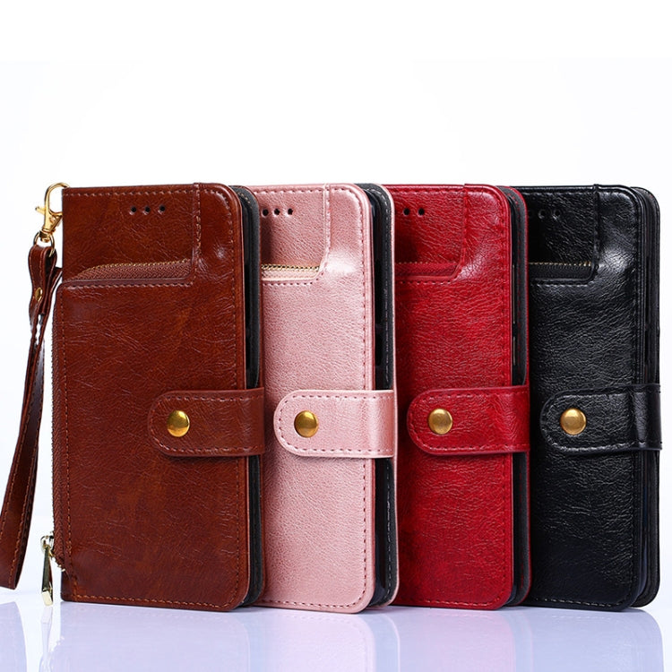 Leather phone cases in brown, rose pink, red, and black with flip covers