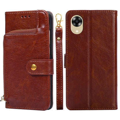 Brown leather zipper phone case with flip cover, snap strap, and camera cutout.