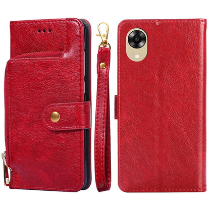 Red leather zipper phone case with folio flap, magnetic strap, and camera lens cutout.
