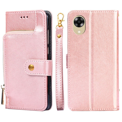 Rose gold leather zipper phone case with folio flap, magnetic strap, and single camera cutout.