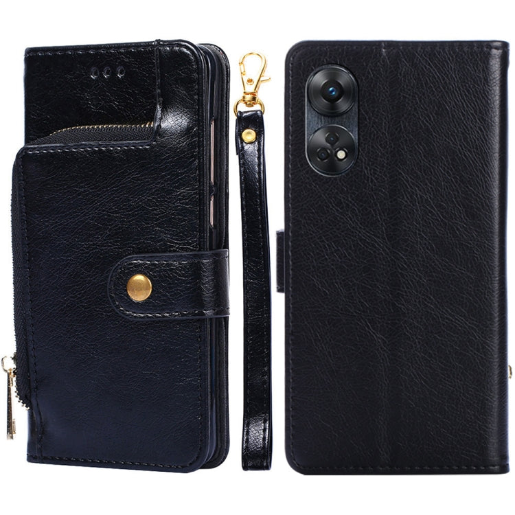 Black leather zipper phone case with flip cover, card slot, and visible camera cutout.
