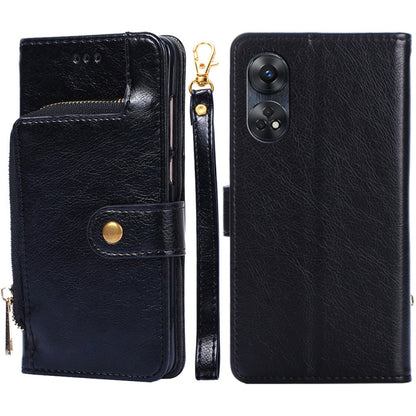 Black leather zipper phone case with flip cover, card slot, and visible camera cutout.