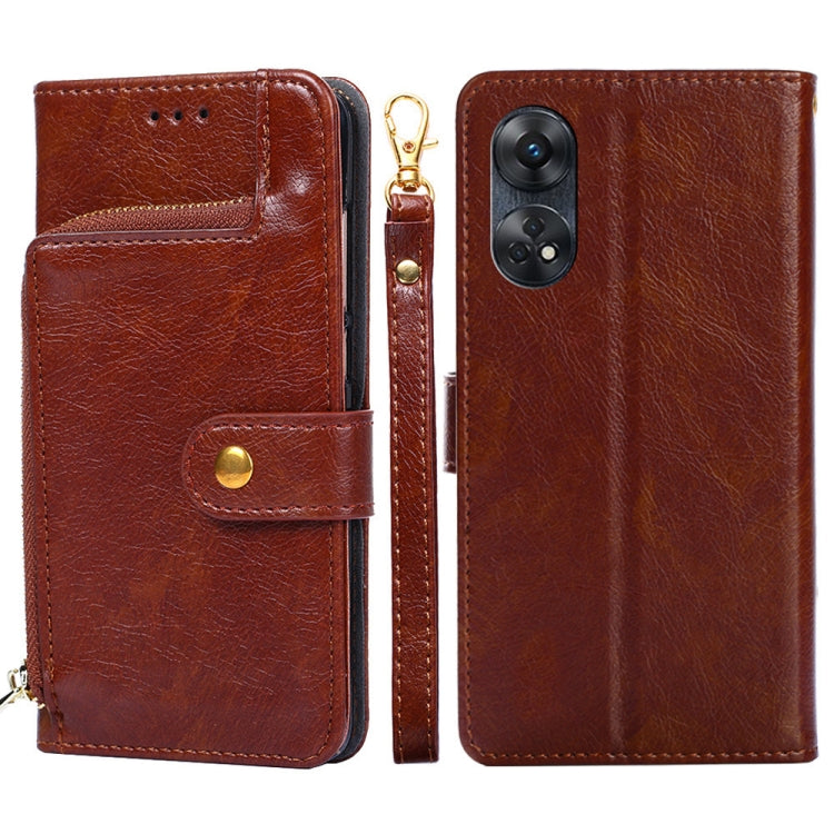 Brown leather zipper phone case with flip cover, card slot, and dual-camera cutout.