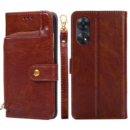 Brown leather zipper phone case with flip cover, card slot, and dual-camera cutout.