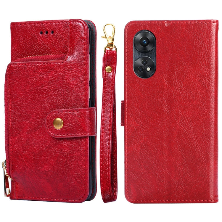 Red leather zipper phone case with folio flap, magnetic strap, and triple-camera cutout.
