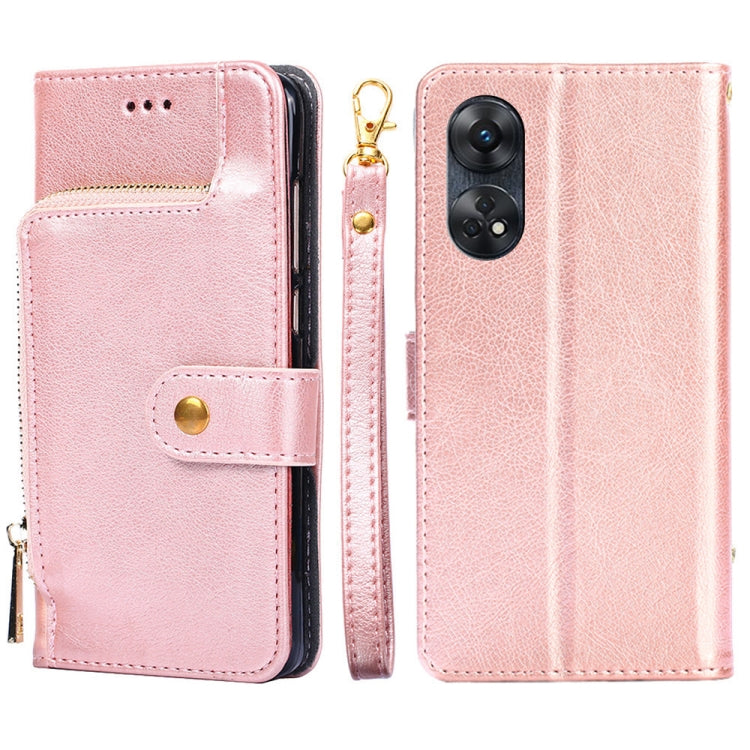 Rose gold leather zipper phone case with folio flap, magnetic strap, and dual-camera opening.