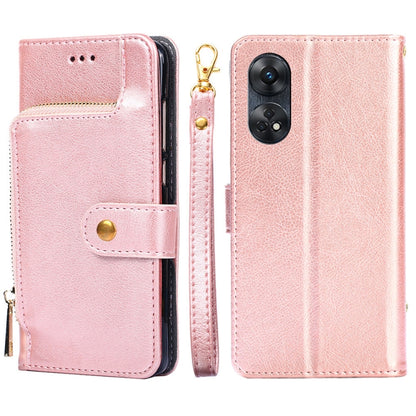 Rose gold leather zipper phone case with folio flap, magnetic strap, and dual-camera opening.
