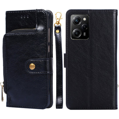 Black leather zipper phone case with flip cover, card slot, and multi-camera cutout.