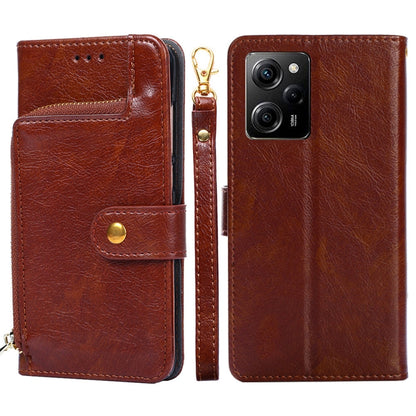 Brown leather zipper phone case with folio flap, magnetic strap, and wrist-zip pull.