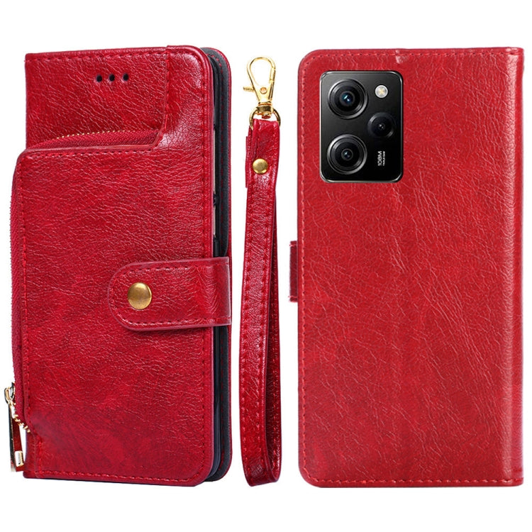 Red leather zipper phone case with folio flap, magnetic strap, and dual-camera opening.