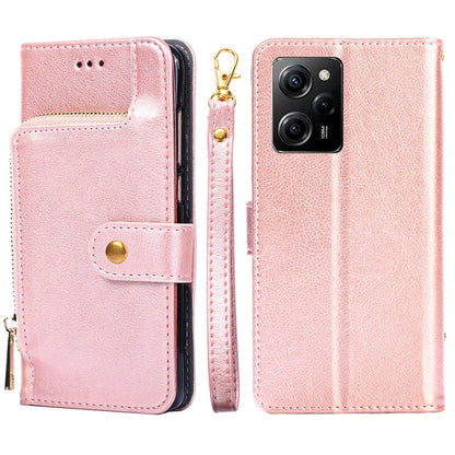 Rose pink leather phone case with zipper pouch, flip cover, and card slots
