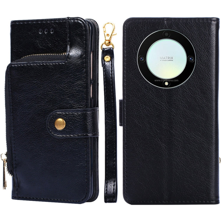 Black leather zipper phone case with flip cover, card slot, and round camera window.