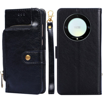 Black leather zipper phone case with flip cover, card slot, and round camera window.