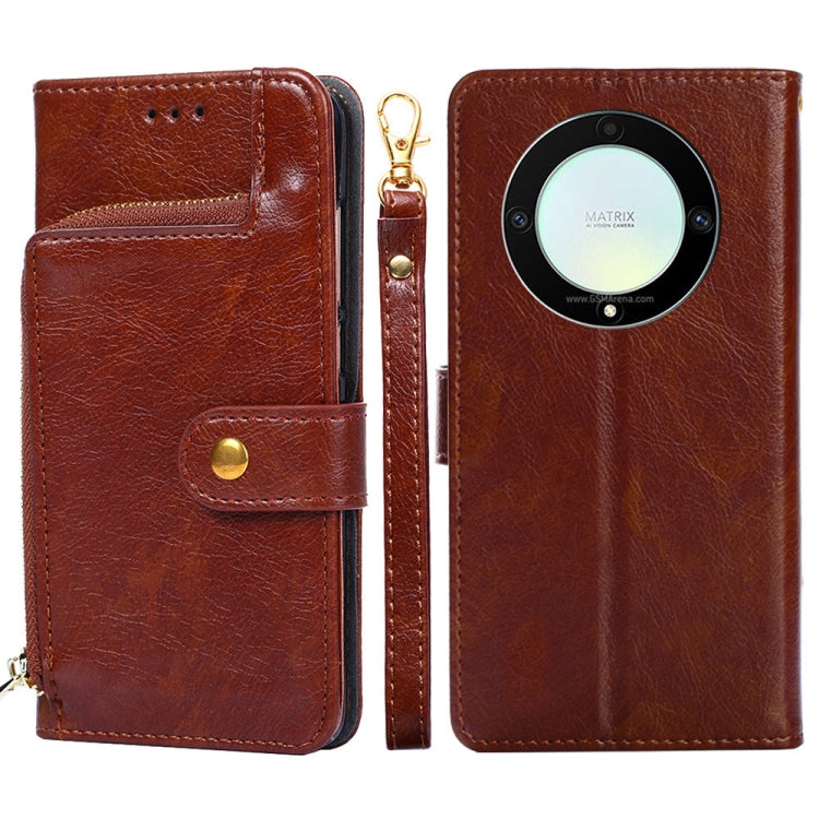Brown leather zipper phone case with folio flap, magnetic strap, and round camera cutout.